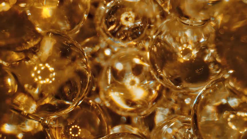 Clear spheres reflect rings of golden light as they fall and move