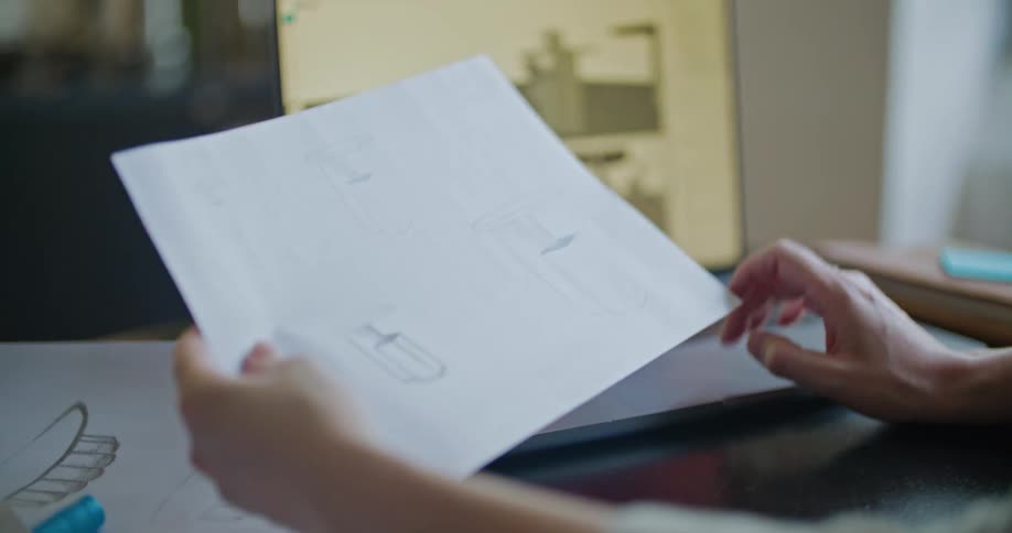 A woman is sitting at a desk holding a paper with a drawing in one hand as the other hand is on a laptop computer