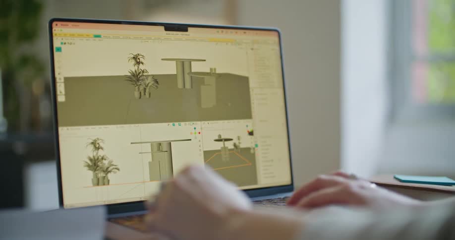 A woman uses a design program on her laptop