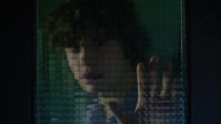 A teenage boy has his hand on a screened window as he looks out from inside a room