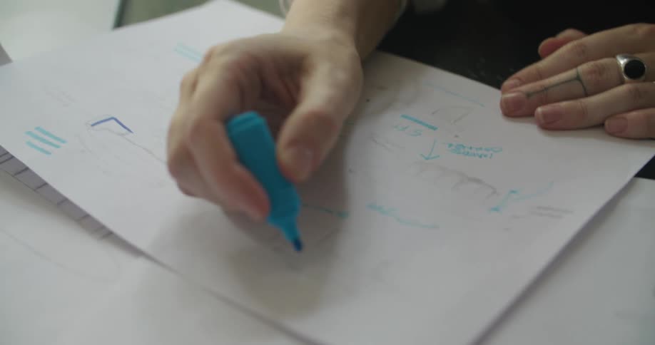 A close up of a persons hand using a highlighter to write on paper with