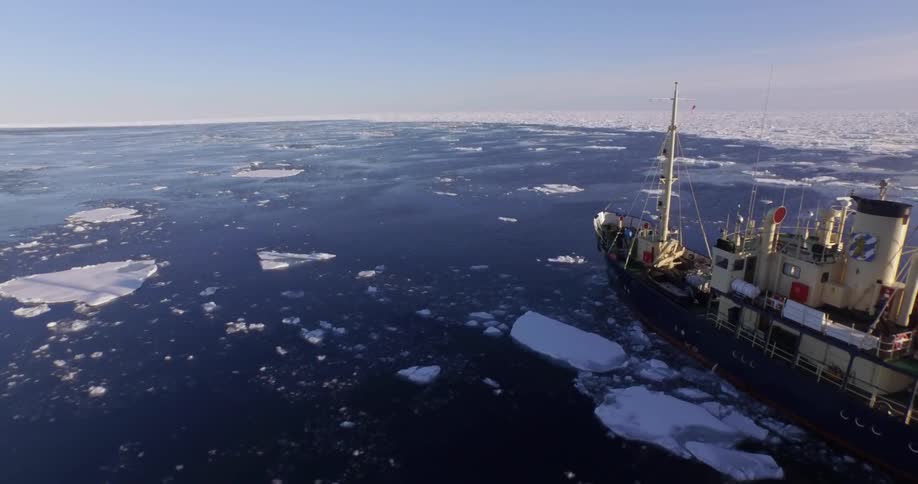 A large ship is sailing in icy waters on a sunny day