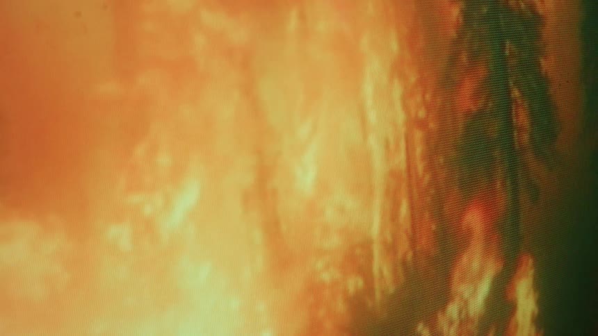 A forest fire plays on a screen