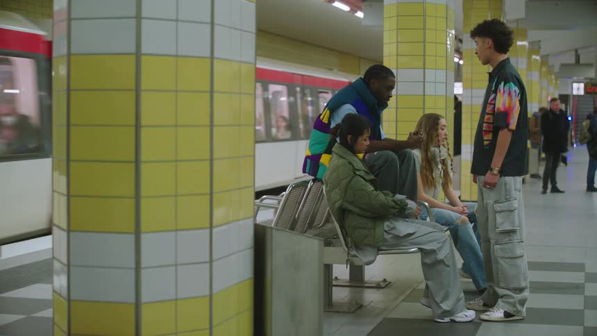 Four teenagers of various ethnicities two girls and two boys chat in a subway station with one of the girls visibly nervous as she puts on her earplugs