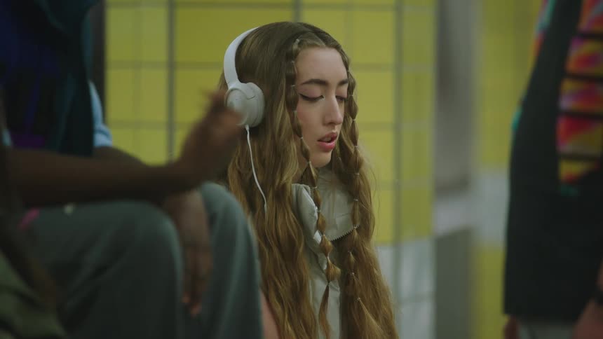 A girl in a subway station takes deep breaths to control her anxiety while wearing headphones