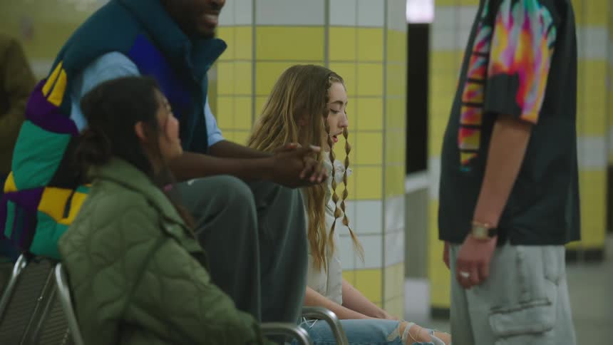 Young woman struggles to catch her breath before taking off her headphones and joining her friends conversation