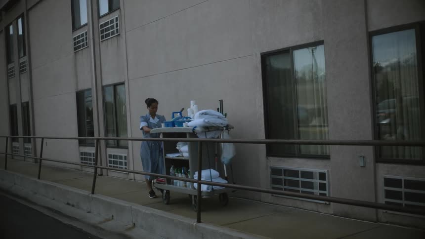 A housekeeper pushes a trolley along a pathway on the outside of a building during the day