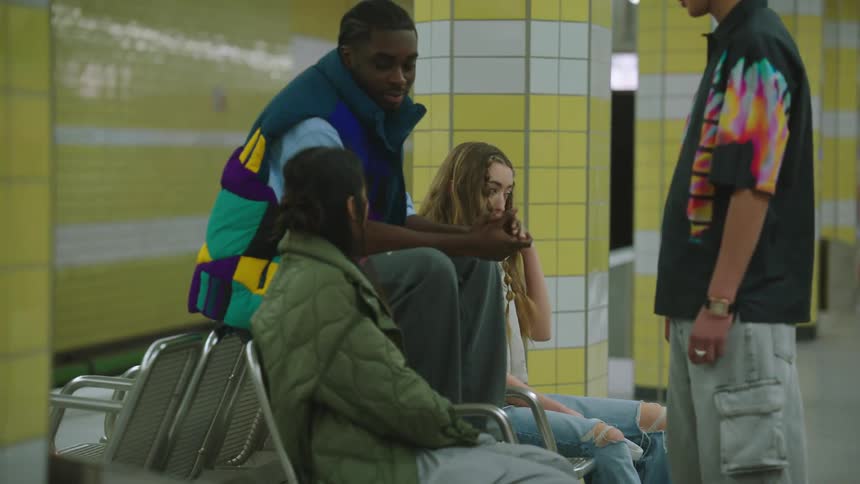 A group of friends sits on bench in the subway