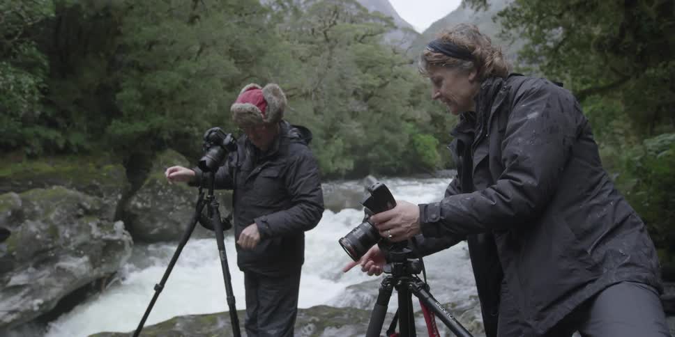 A man and woman have cameras set up by a stream