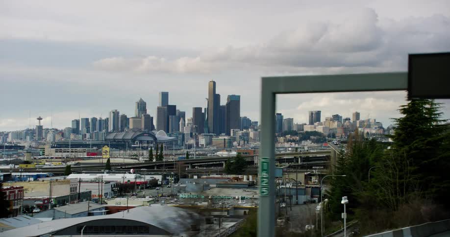 A stunning shot of downtown Seattle as seen from the highway as traffic flows into the city core