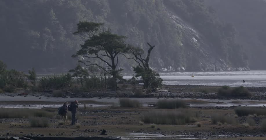 Two photographers walking towards a large body of water
