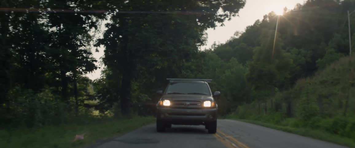 The vehicle travels on the road by the woods