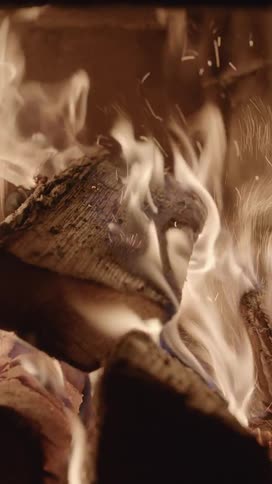 Wood burns in flames inside a fireplace