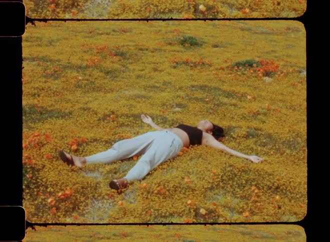 Young woman lays on her back on a field of wild flowers caught on vintage film