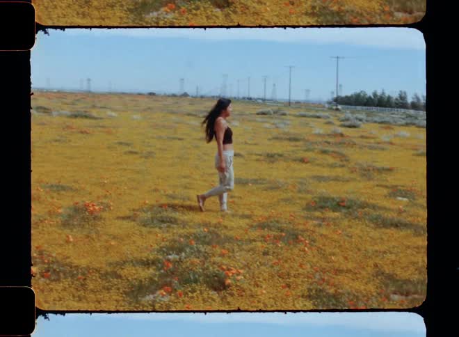 Woman with black top and gray pants walks down flower field