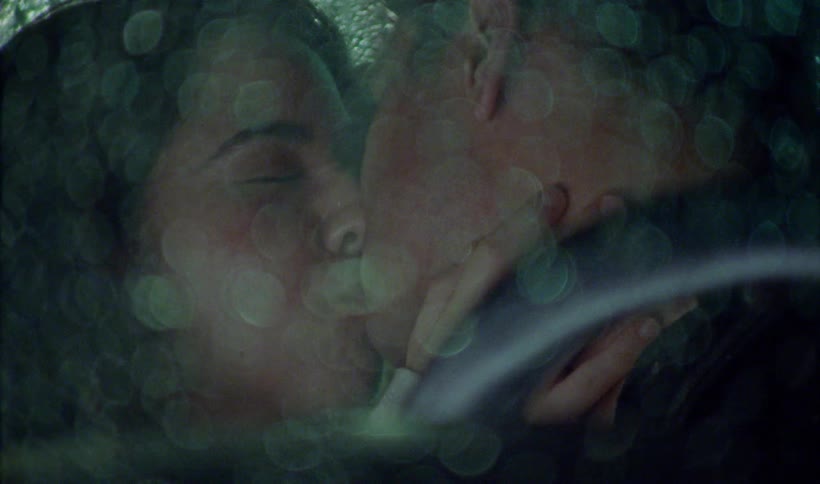 A man and woman lovingly kiss each other while inside of a car