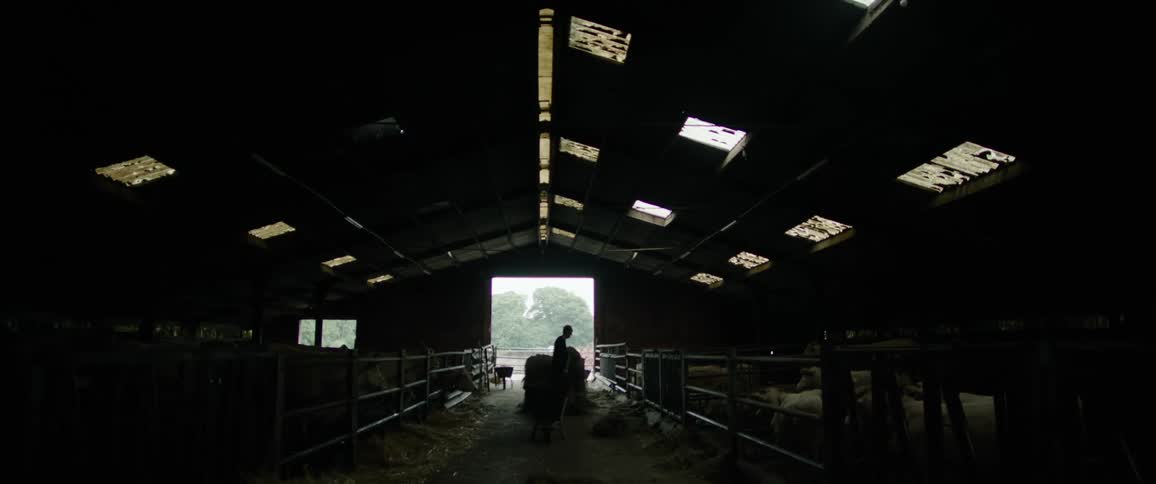 A clip of a farmer in silhouette shoveling hay in a dark barn with fenced in animals