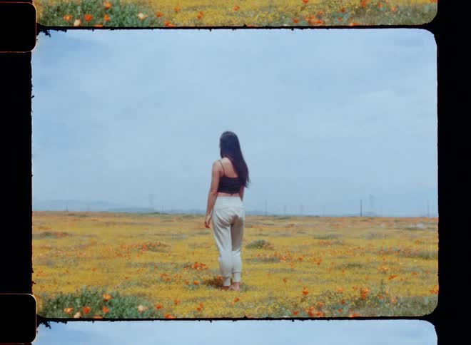 A woman is standing outdoors in a field of flowers