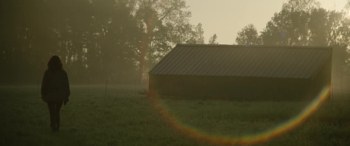 Silhouette of a woman walking near a building in the countryside at evening