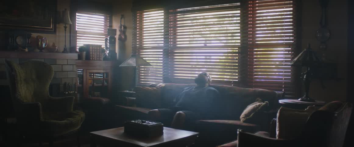 A man reclines in a sofa looking depressed in a living room lit only by daylight creeping in between the windows blinds