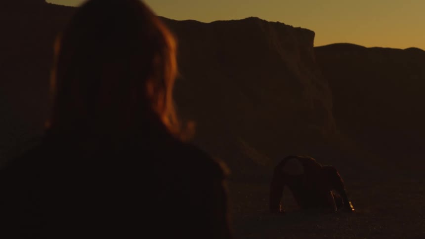 Silhouette of a woman looking at a man standing up in the desert at evening