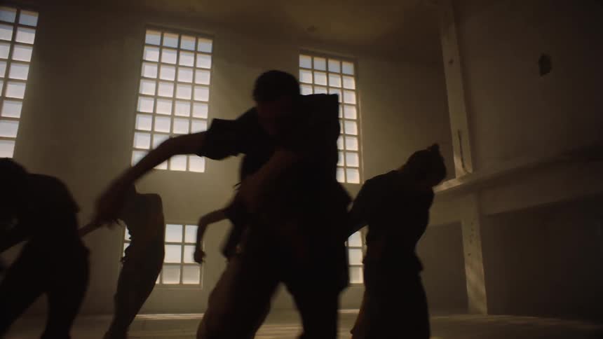 Group of dancers male and female performing a modern dance routine in a large unlit studio with windows during the day mostly in silhouette