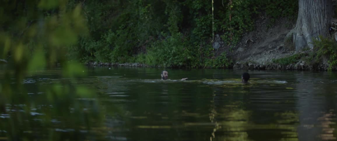 Two men swim in a river near a forest