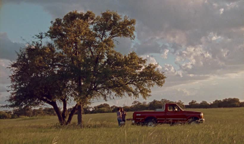 Father and son take fishing tool box and fishing rod from the back of pickup truck in the field next to a tree at sunset