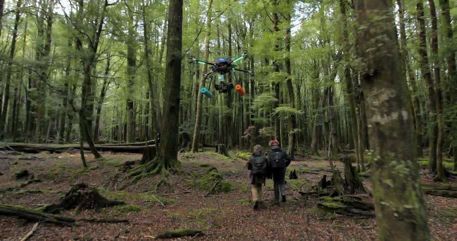 A drone is following people hiking