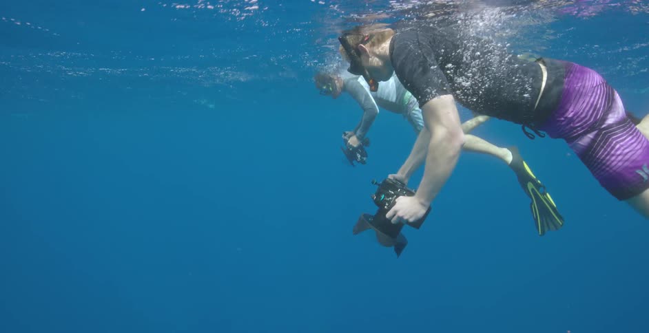 Two men swim in the water taking pictures underwater