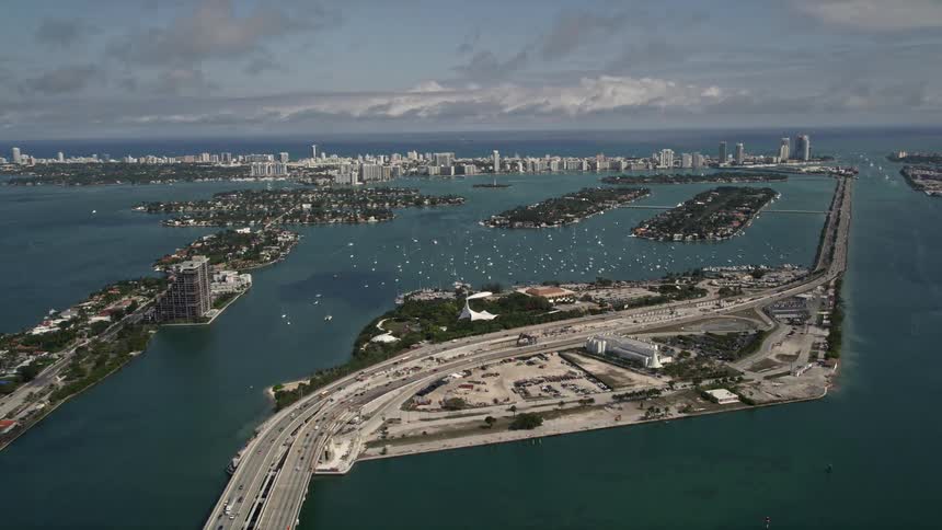 Aerial view of MacArthur Causeway and Watson Island on the coast of Biscayne Bay in Florida