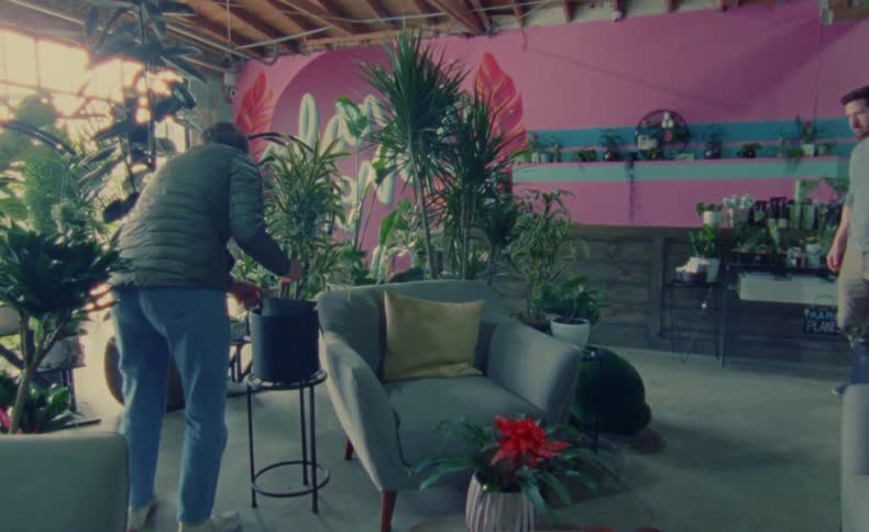 A man and a woman move plants around a plant store trying to find the best place for them including a rabbit shaped plant