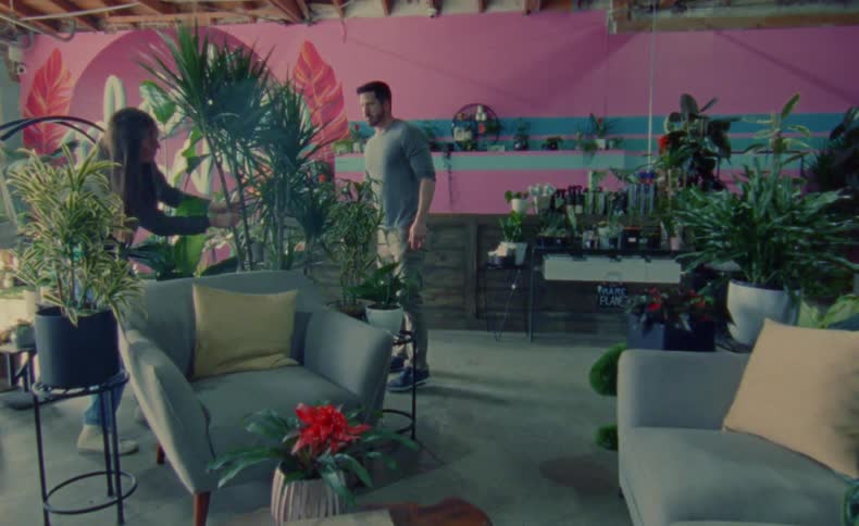 A man and woman carefully rearrange a potted plant in their store