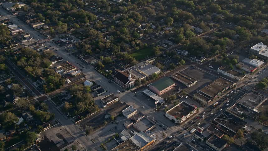 Aerial sunrise approach to a church in Orlando Florida