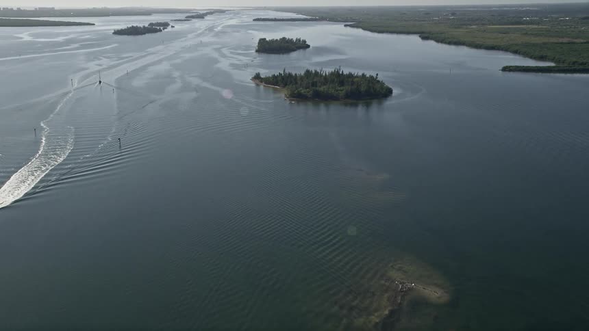 Approaching mangroves in the Indian River as the camera glides over the water and observes the natural river scenery