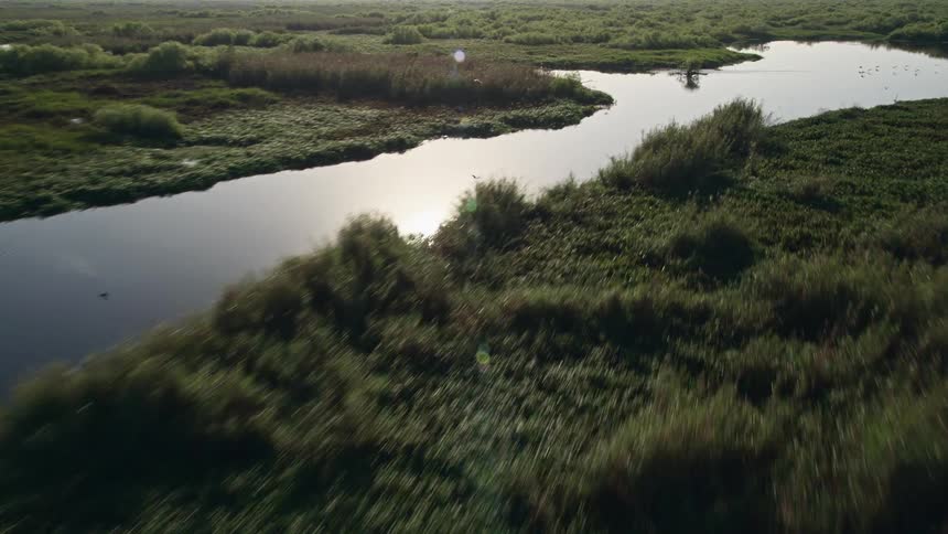 A breathtaking aerial view of the St Johns River at sunrise as it winds its way through Floridas lush forests and natural waterways