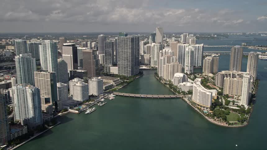 A stunning aerial view of downtown Miami and Brickell Key skyscrapers in Florida during the daytime