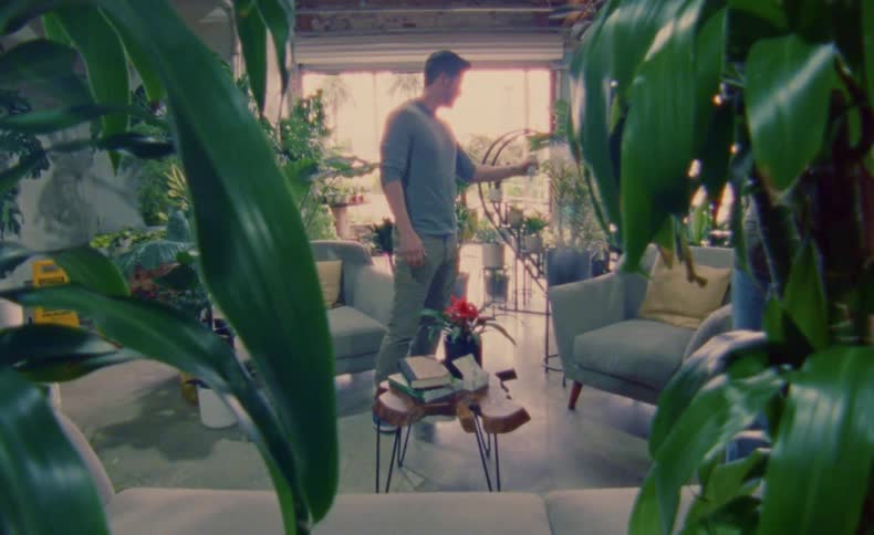 A man and woman water plants in a store