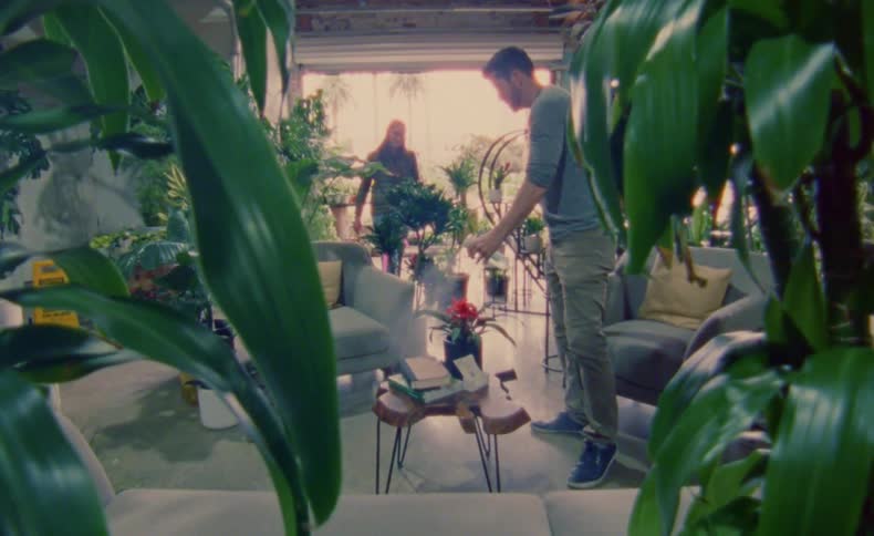 A man and woman spray water on plants in a store