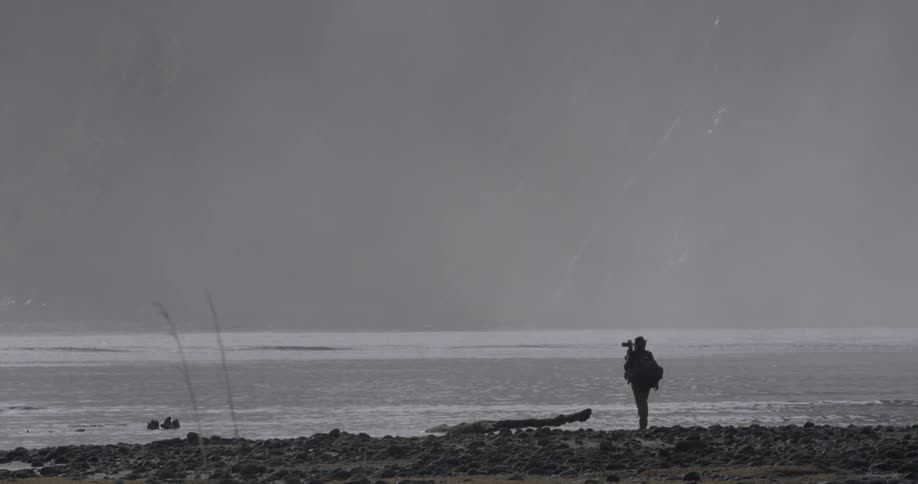 A person is walking towards the water with a camera