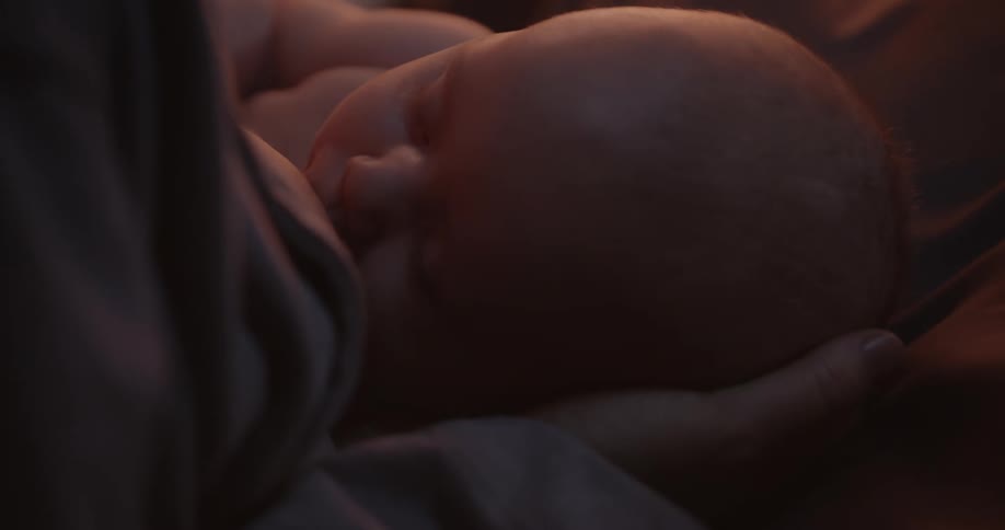A close up of an infant breast feeding from their mother holding the head