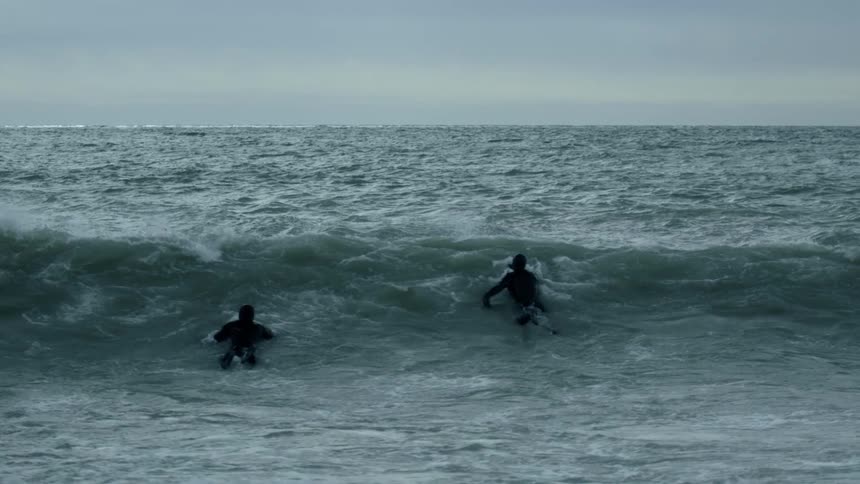 Two people are surfing in the ocean