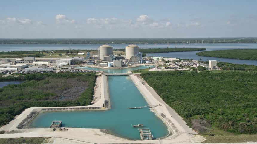 Aerial footage of the St Lucie Nuclear Power Plant a power generating station located on Hutchinson Island Florida