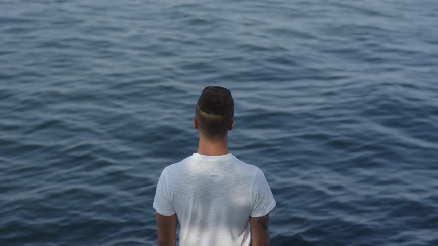 Man stands on shore looking at waves