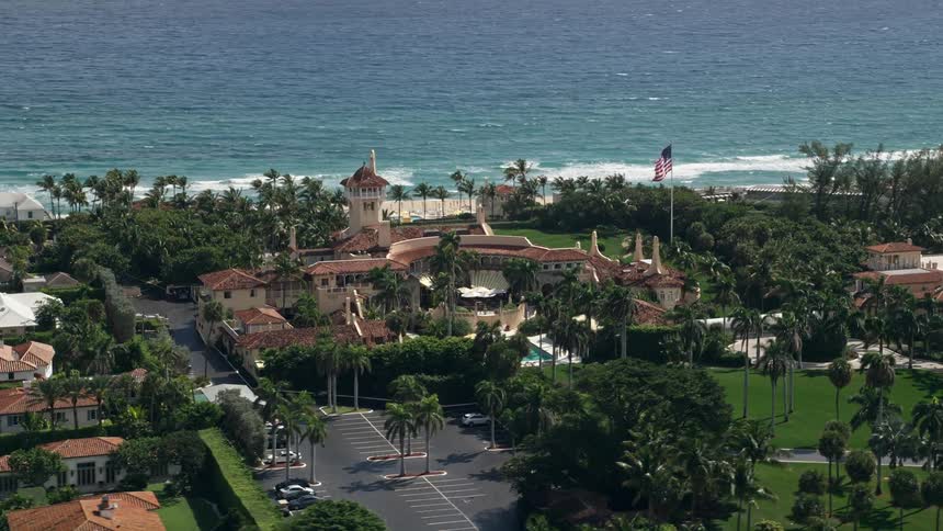 Aerial view of Mar-A-Lago estate owned by President Donald Trump with an ocean view in Palm Beach Florida