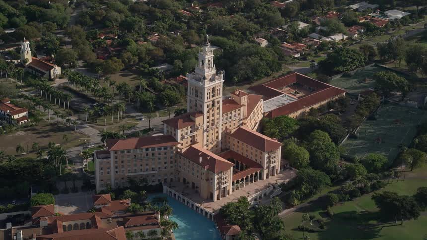 Aerial view of the Coral Gables Biltmore Hotel in Florida showcasing the beautiful architecture and surroundings