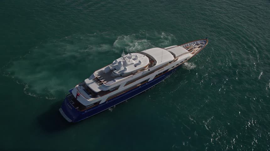 Aerial view of yacht sailing on Government Cut Miami Beach with sunny weather