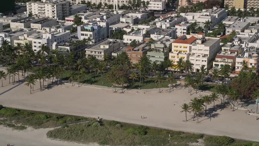 A stunning aerial view of palm trees lining Lummus Park in South Beach Miami Beach as the camera flies over the shoreline and captures the bustling beachgoers enjoying a typical day in the sunshine - perfect for tagging with clip tags like recreation natu