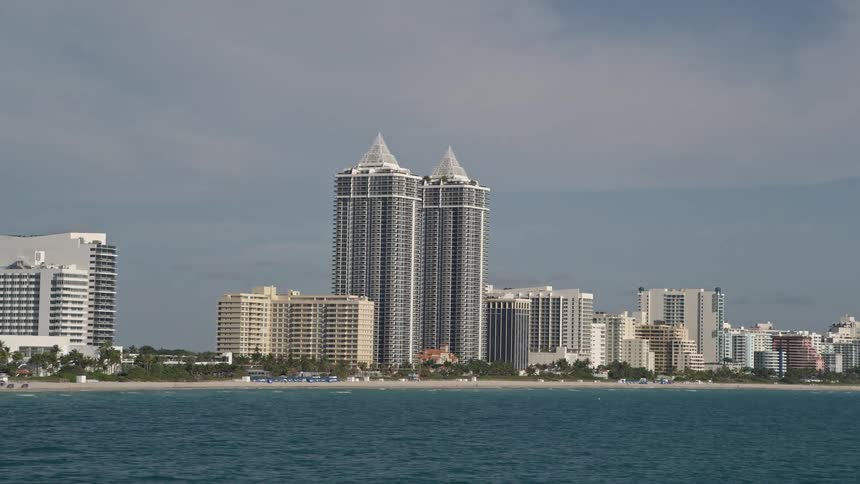 View the stunning Blue and Green Diamonds from a majestic aerial view as the camera flies over Miami Beach Florida