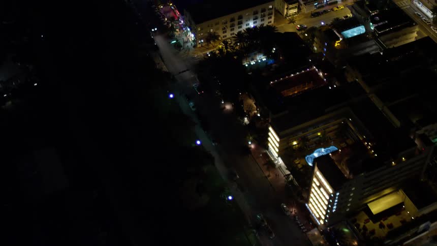 A stunning birds eye view of the hotels on Ocean Drive at night in South Beach Miami